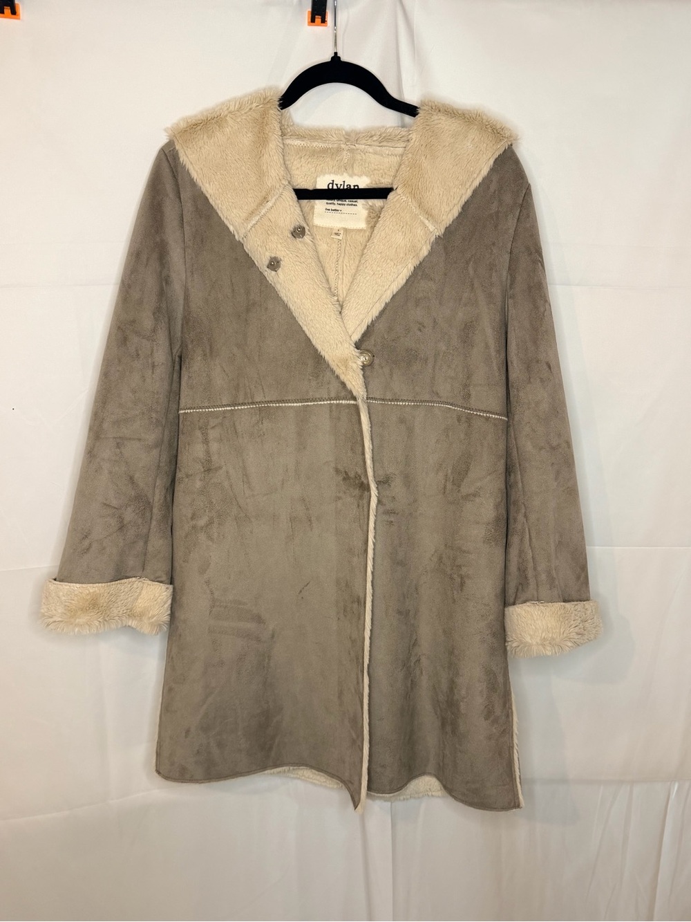 dylan Taupe Faux Suede Jacket with Cream Shearling Trim